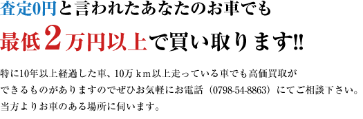 査定0円と言われたあなたのお車でも
最低２万円以上で買い取ります!!